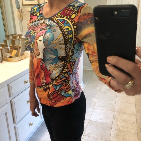 Colorful sleek front, lace back, sheer sleeve SzM - Picture 4 of 11